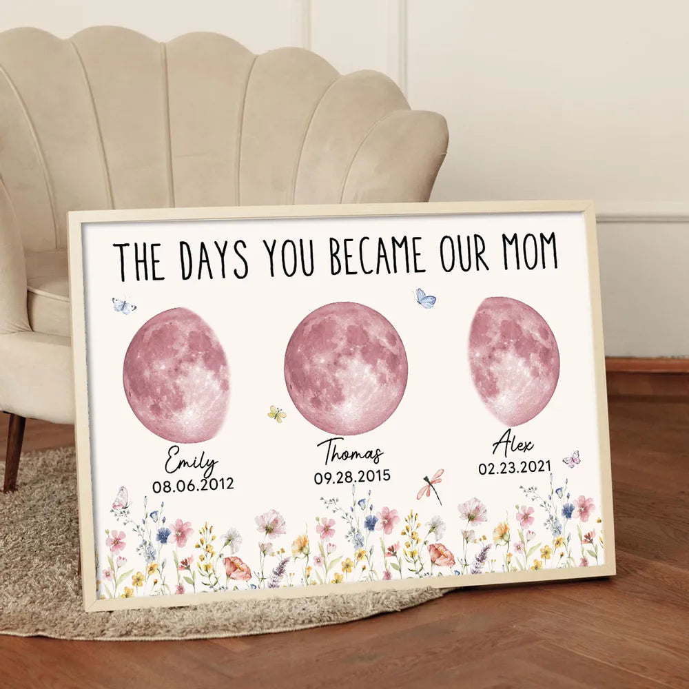 Wild Flowers The Day You Become Mom Grandma Custom Pink Birthday Moon Phase Personalized Poster