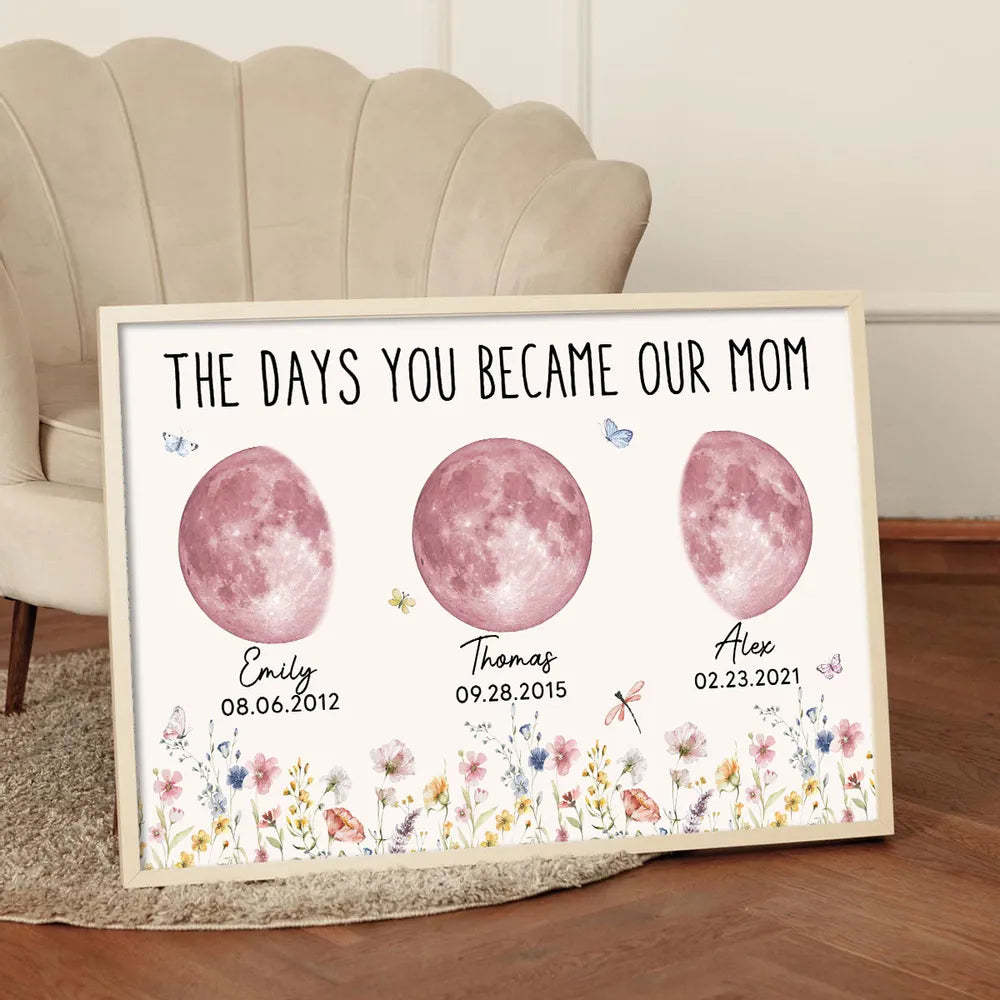 Wild Flowers The Day You Become Mom Grandma Custom Pink Birthday Moon Phase Personalized Poster