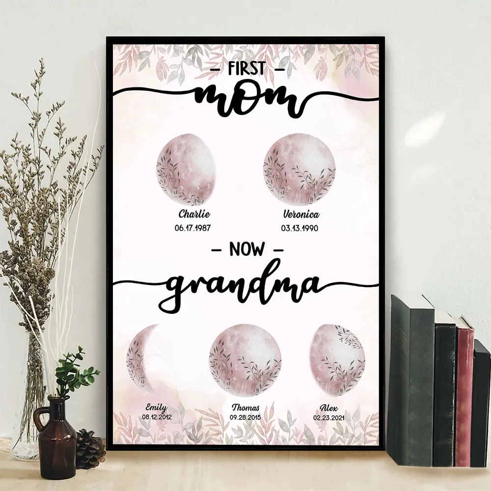 First Mom Now Grandma Custom Floral Birth Moon Phase Frame, Mother's Day Gift