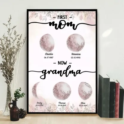 First Mom Now Grandma Custom Floral Birth Moon Phase Frame, Mother's Day Gift