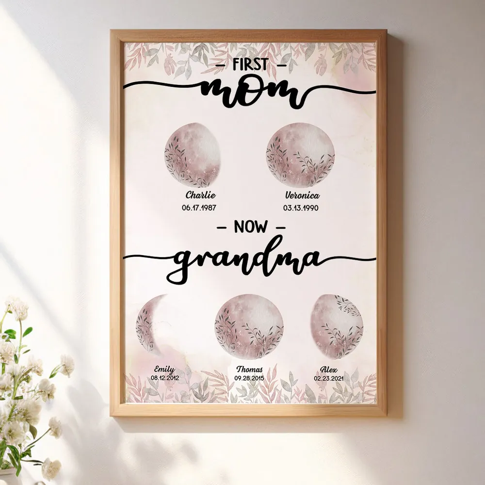 First Mom Now Grandma Custom Floral Birth Moon Phase Frame, Mother's Day Gift