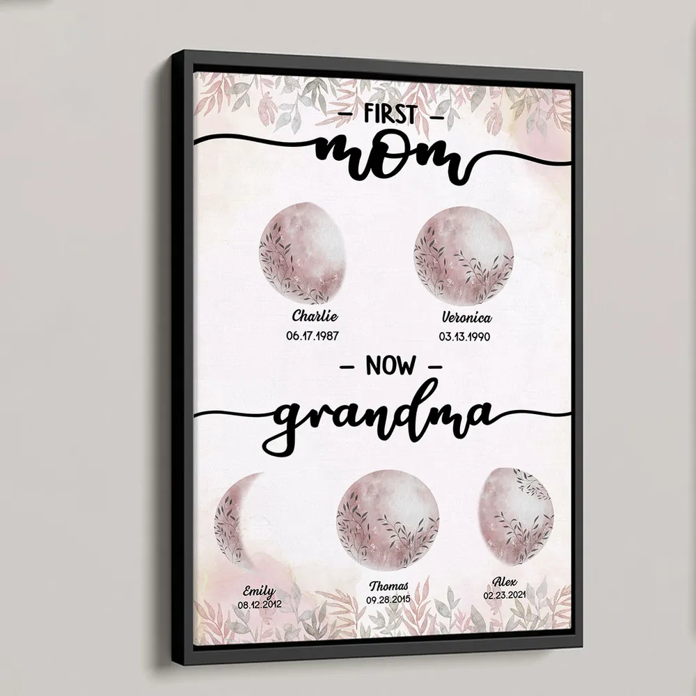First Mom Now Grandma Custom Floral Birth Moon Phase Frame, Mother's Day Gift