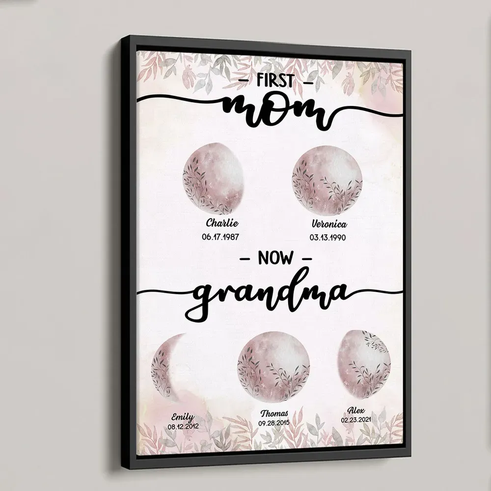 First Mom Now Grandma Custom Floral Birth Moon Phase Frame, Mother's Day Gift