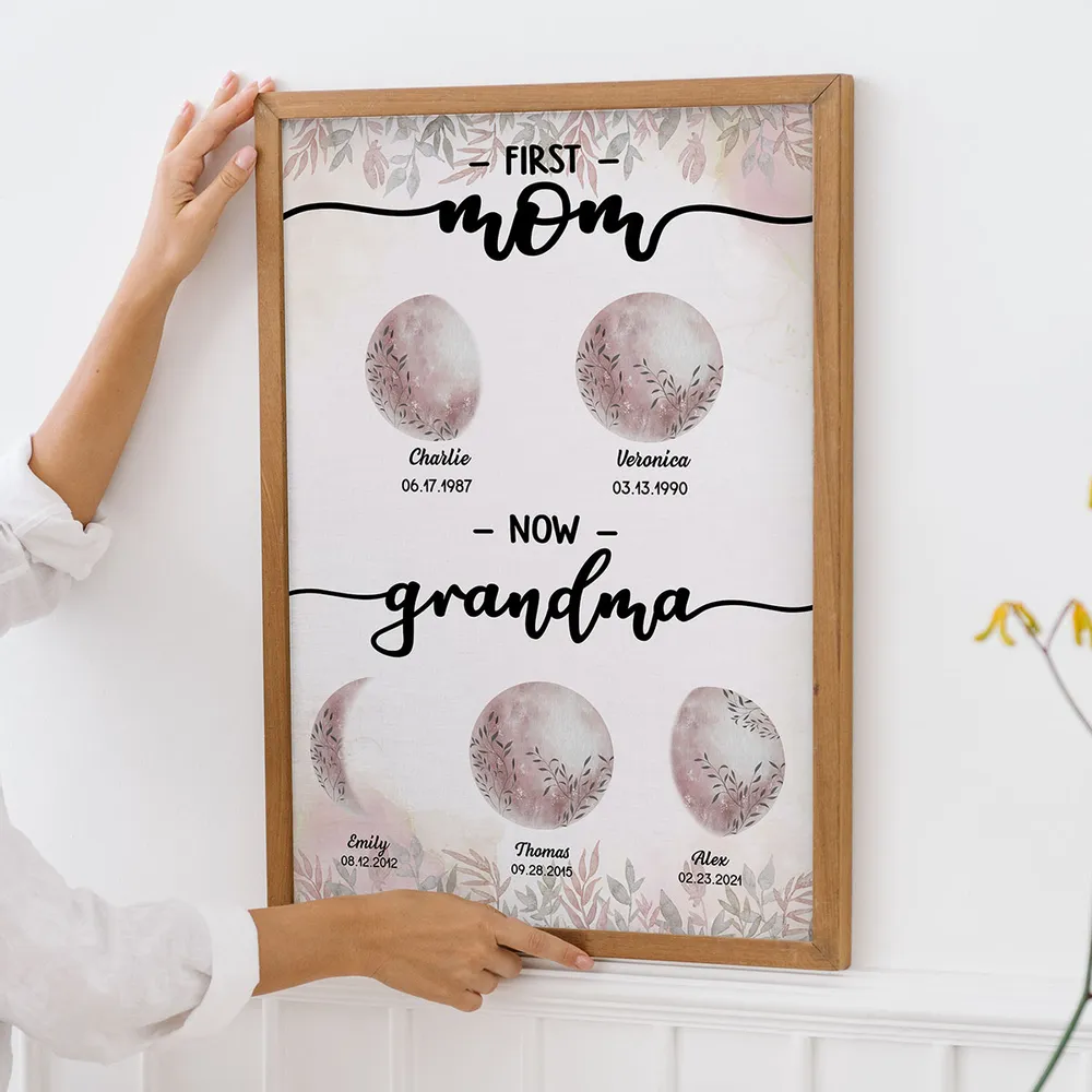 First Mom Now Grandma Custom Floral Birth Moon Phase Frame, Mother's Day Gift