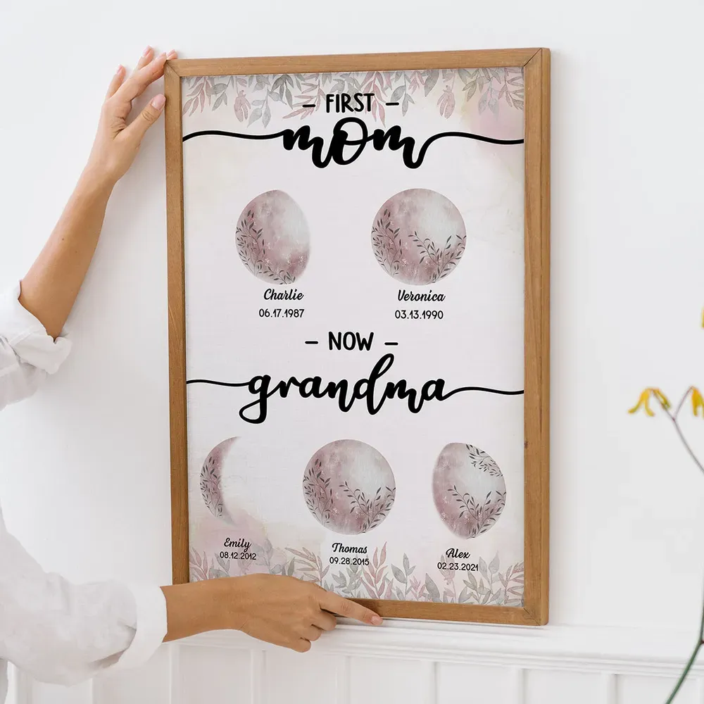 First Mom Now Grandma Custom Floral Birth Moon Phase Frame, Mother's Day Gift