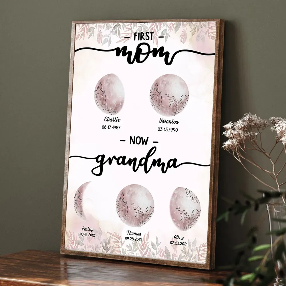 First Mom Now Grandma Custom Floral Birth Moon Phase Frame, Mother's D