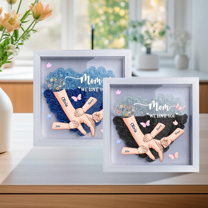 Personalized Handprints Mom And Children Flower Shadow Box