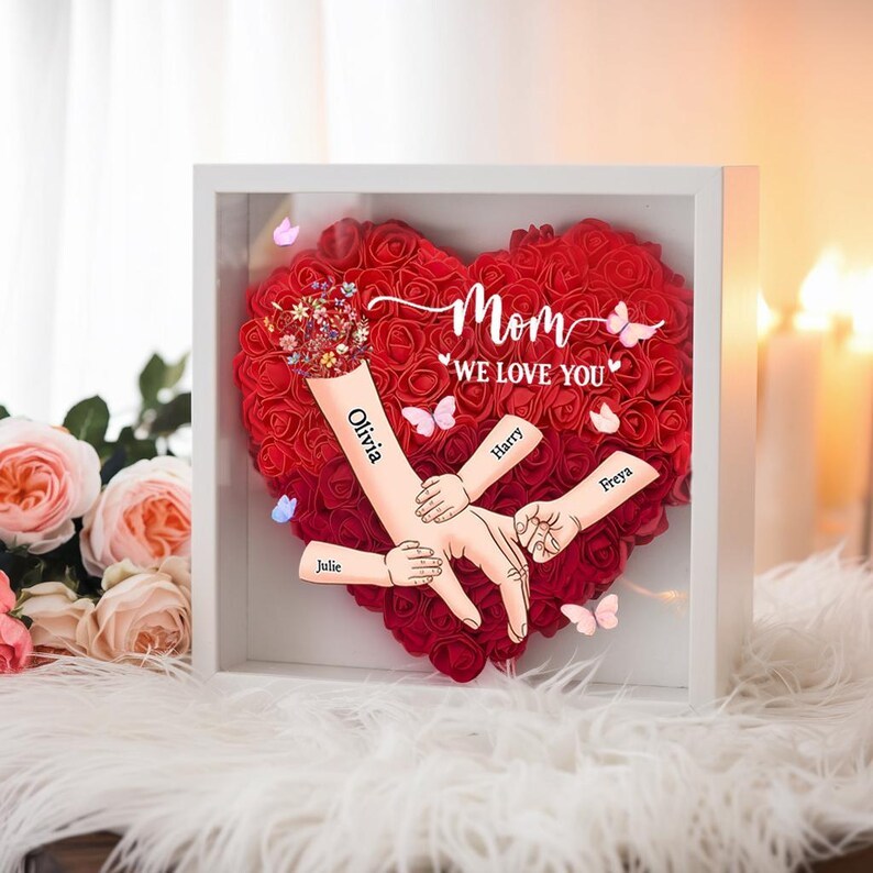 Personalized Handprints Mom And Children Flower Shadow Box