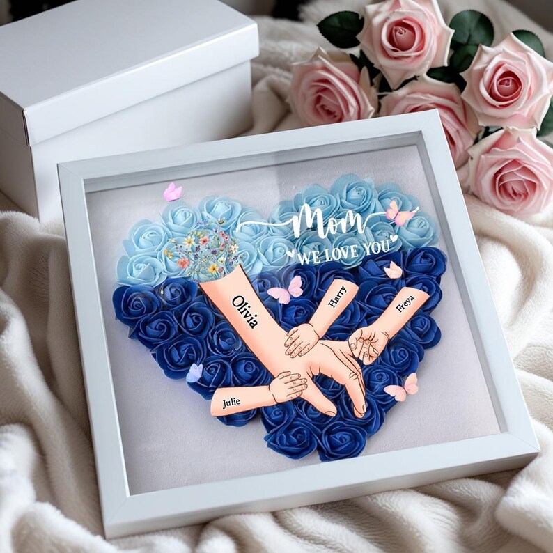 Personalized Handprints Mom And Children Flower Shadow Box