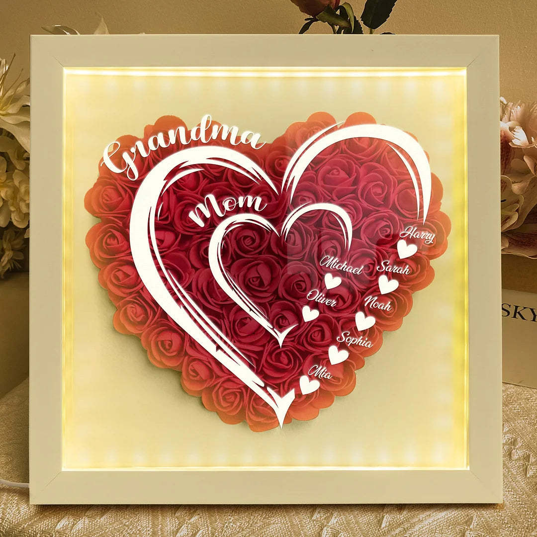 Mom Grandma Hearts Custom Kids' Names - Personalized Flower Shadow Box With LED Light