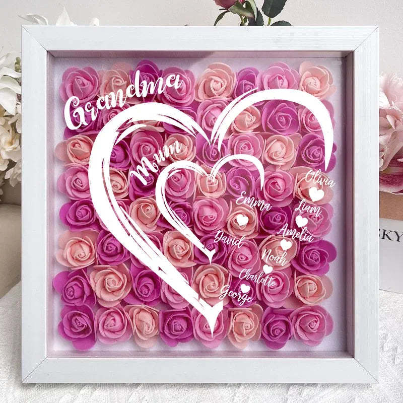Mom Grandma Hearts Custom Kids' Names - Personalized Flower Shadow Box With LED Light