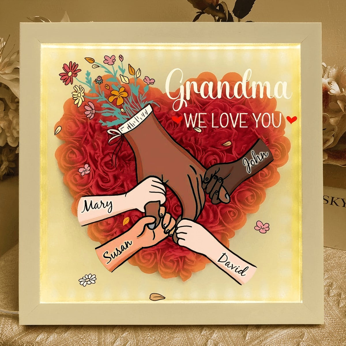 Multiracial Family-Different Skin Tones - Personalized Flower Shadow Box With Led Light