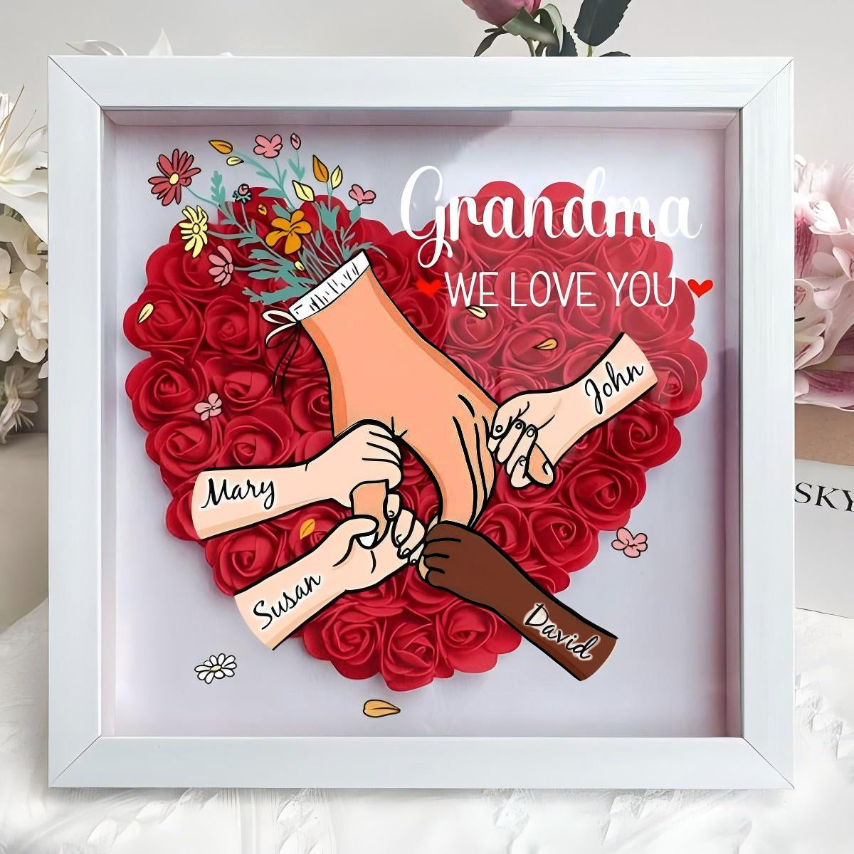 Multiracial Family-Different Skin Tones - Personalized Flower Shadow Box With Led Light