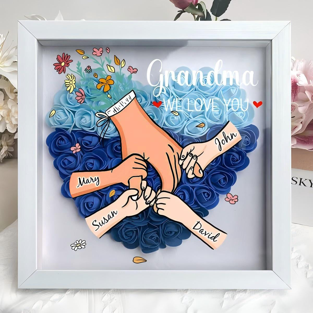 Multiracial Family-Different Skin Tones - Personalized Flower Shadow Box With Led Light