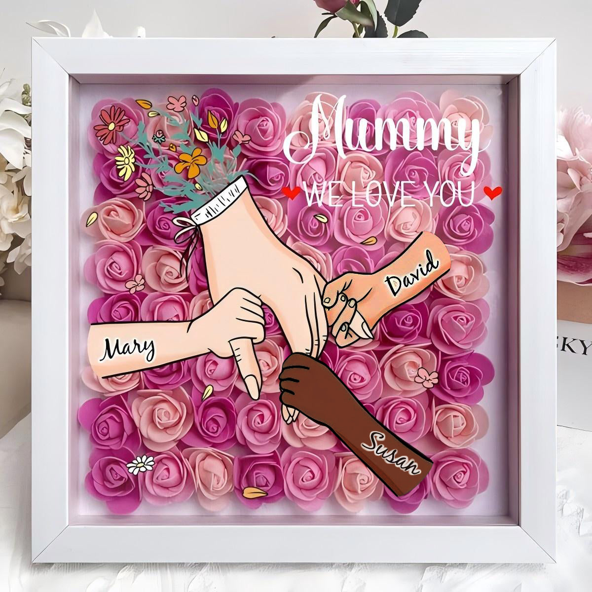 Multiracial Family-Different Skin Tones - Personalized Flower Shadow Box With Led Light