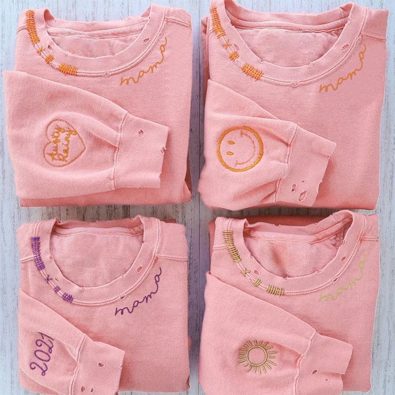 VINTAGE CUSTOM MAMA CREW-Custom Embroidered Hand Distressed Mama Sweatshirt With kid's Names