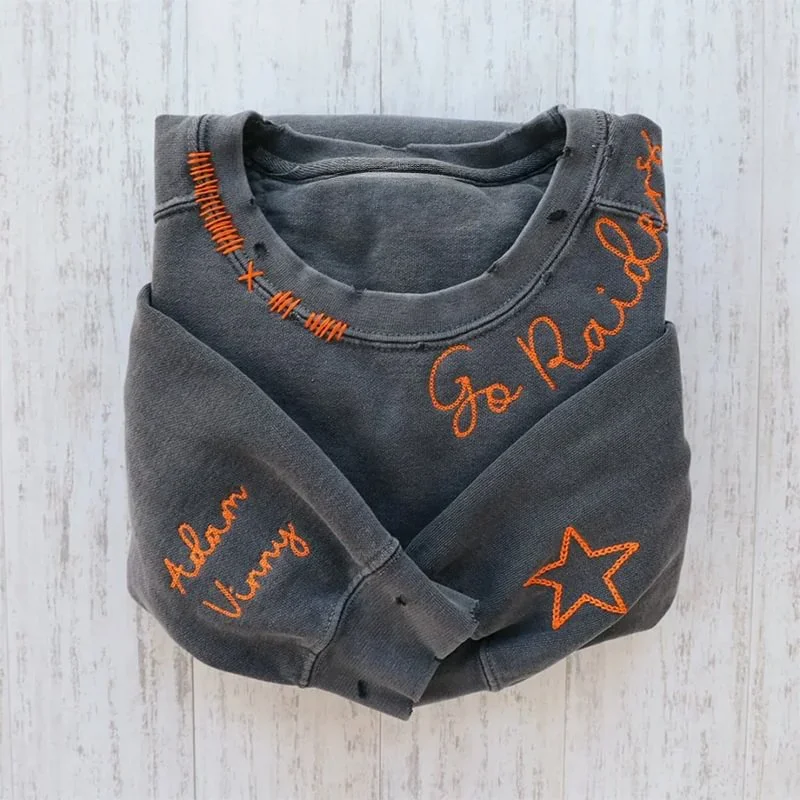 VINTAGE CUSTOM SWEATSHIRTS-Custom Embroidered Hand Distressed Sweatshirts 