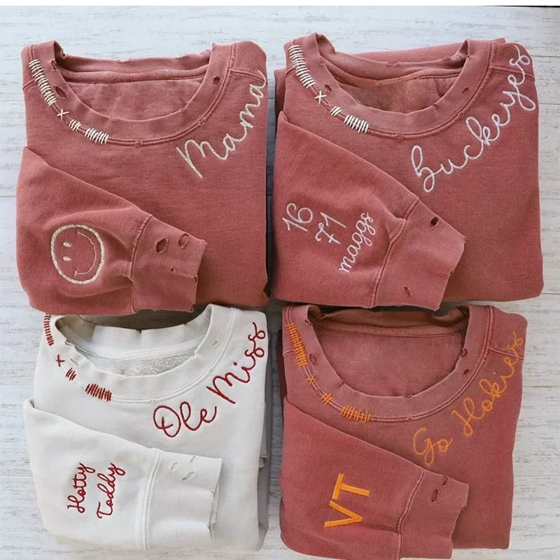 VINTAGE CUSTOM SWEATSHIRTS-Custom Embroidered Hand Distressed Sweatshirts 