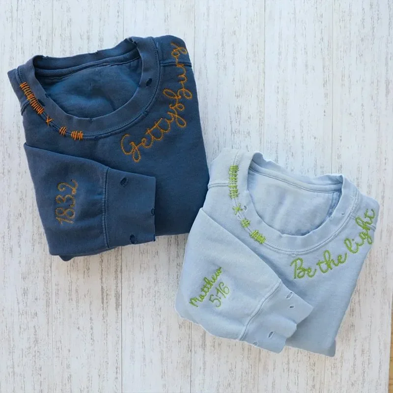 VINTAGE CUSTOM SWEATSHIRTS-Custom Embroidered Hand Distressed Sweatshirts 