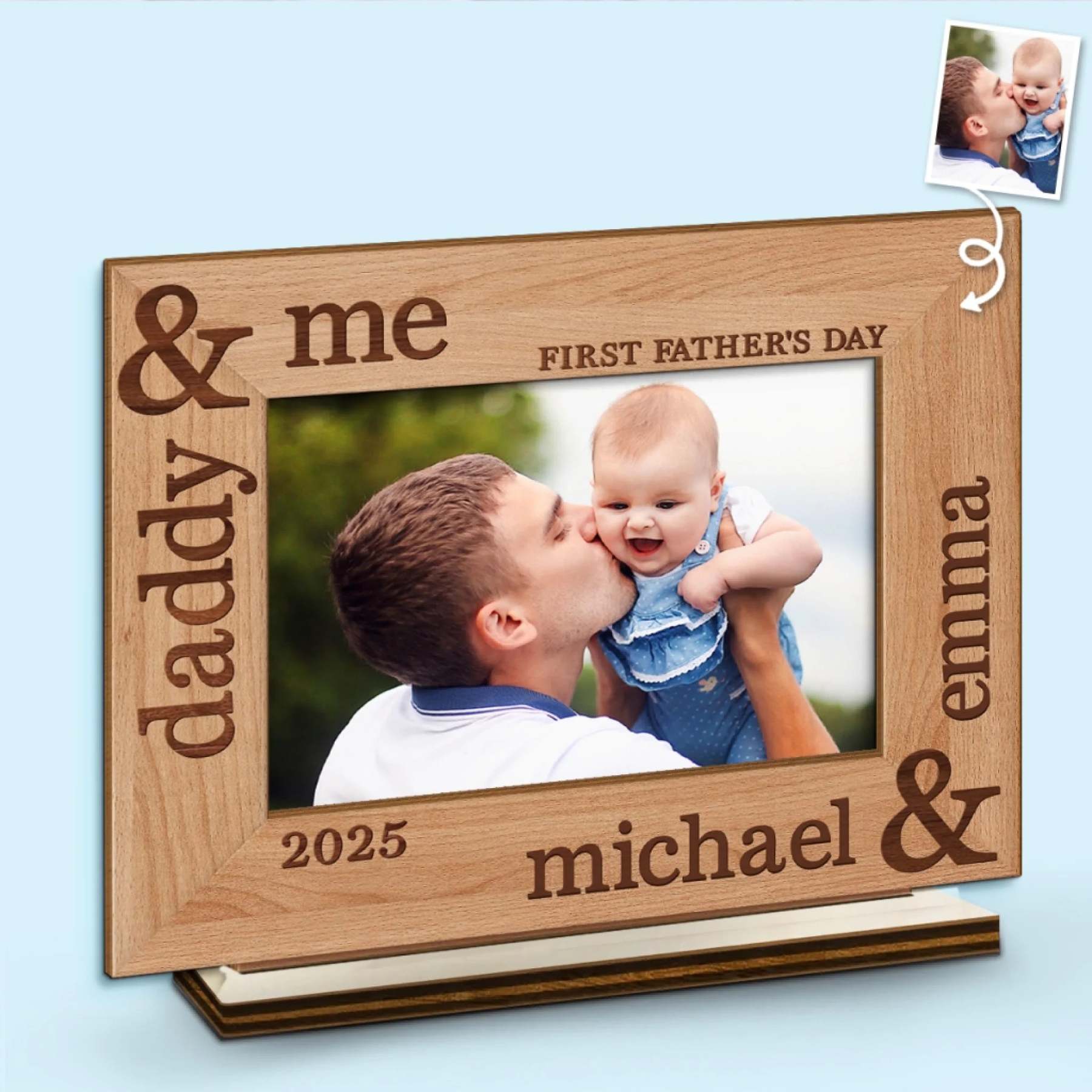 Custom Photo Our First Fathers Day Together - Family Personalized Custom Shaped 2-Layered Wooden Plaque With Flat Stand - Father's Day, Baby Shower Gift, Gift For First Dad, Baby Kids, Newborn Baby