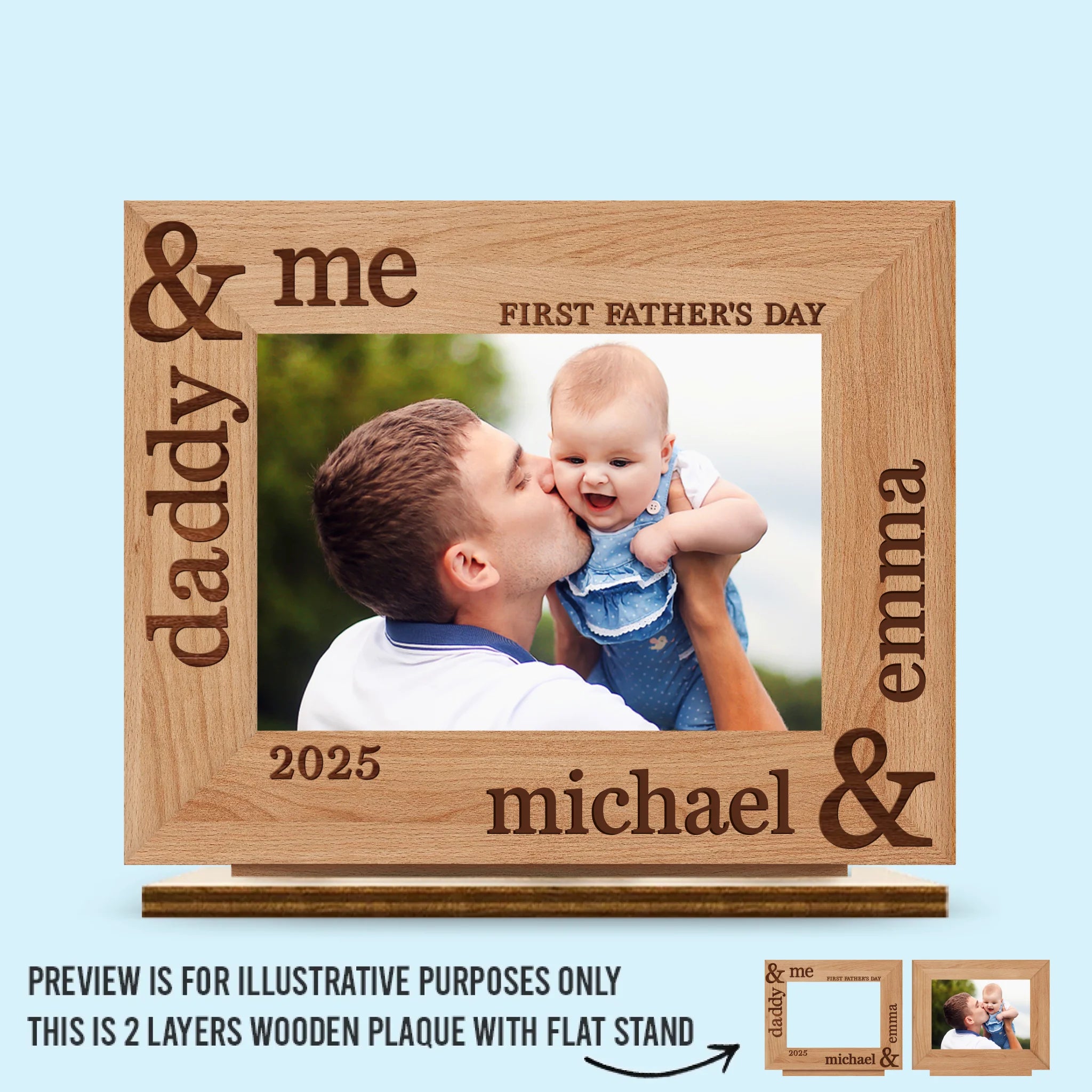 Custom Photo Our First Fathers Day Together - Family Personalized Custom Shaped 2-Layered Wooden Plaque With Flat Stand - Father's Day, Baby Shower Gift, Gift For First Dad, Baby Kids, Newborn Baby