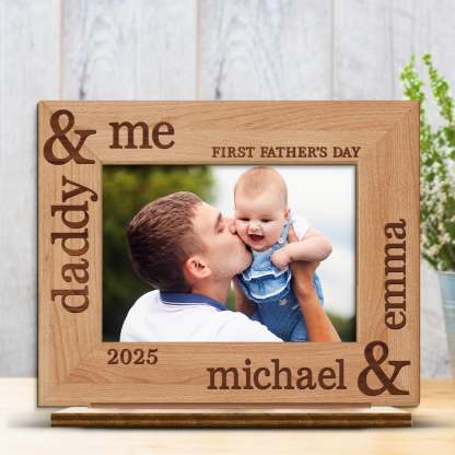Custom Photo Our First Fathers Day Together - Family Personalized Custom Shaped 2-Layered Wooden Plaque With Flat Stand - Father's Day, Baby Shower Gift, Gift For First Dad, Baby Kids, Newborn Baby