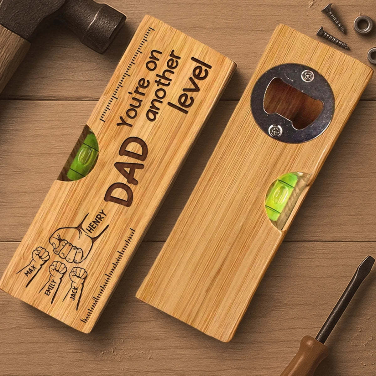 A Father's Love Holds Us Together - Family Personalized Custom Engraved Wooden Spirit Level Bottle Opener - Father's Day, Gift For Dad, Grandpa