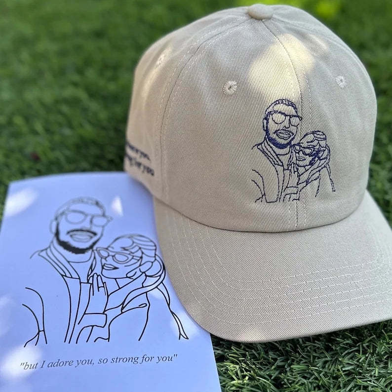 Line Art Portrait Embroidered with Roman Numerals Date on Dad Hat | Couples Embroidery Dad Hat