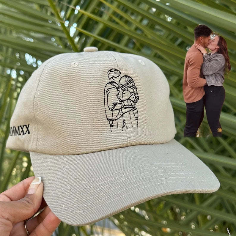 Line Art Portrait Embroidered with Roman Numerals Date on Dad Hat | Couples Embroidery Dad Hat