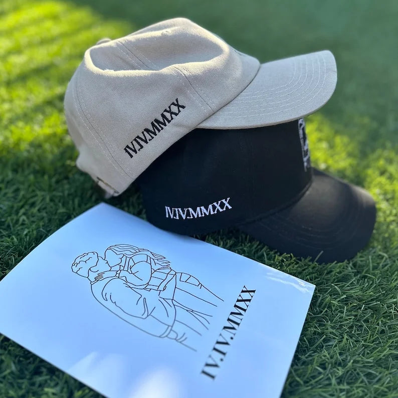 Line Art Portrait Embroidered with Roman Numerals Date on Dad Hat | Couples Embroidery Dad Hat