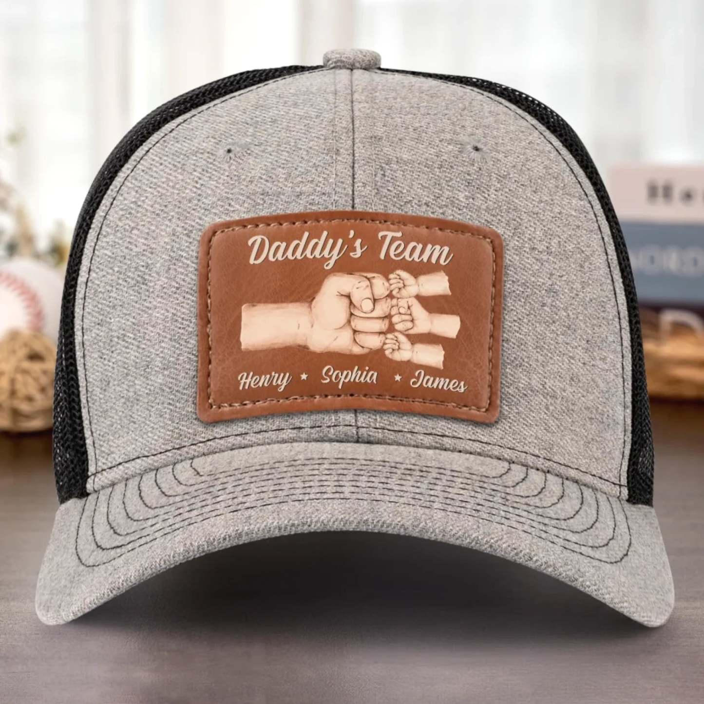 Team Daddy, No Substitutes - Family Personalized Custom Leather Patch Hat - Father's Day, Gift For Dad, Grandpa
