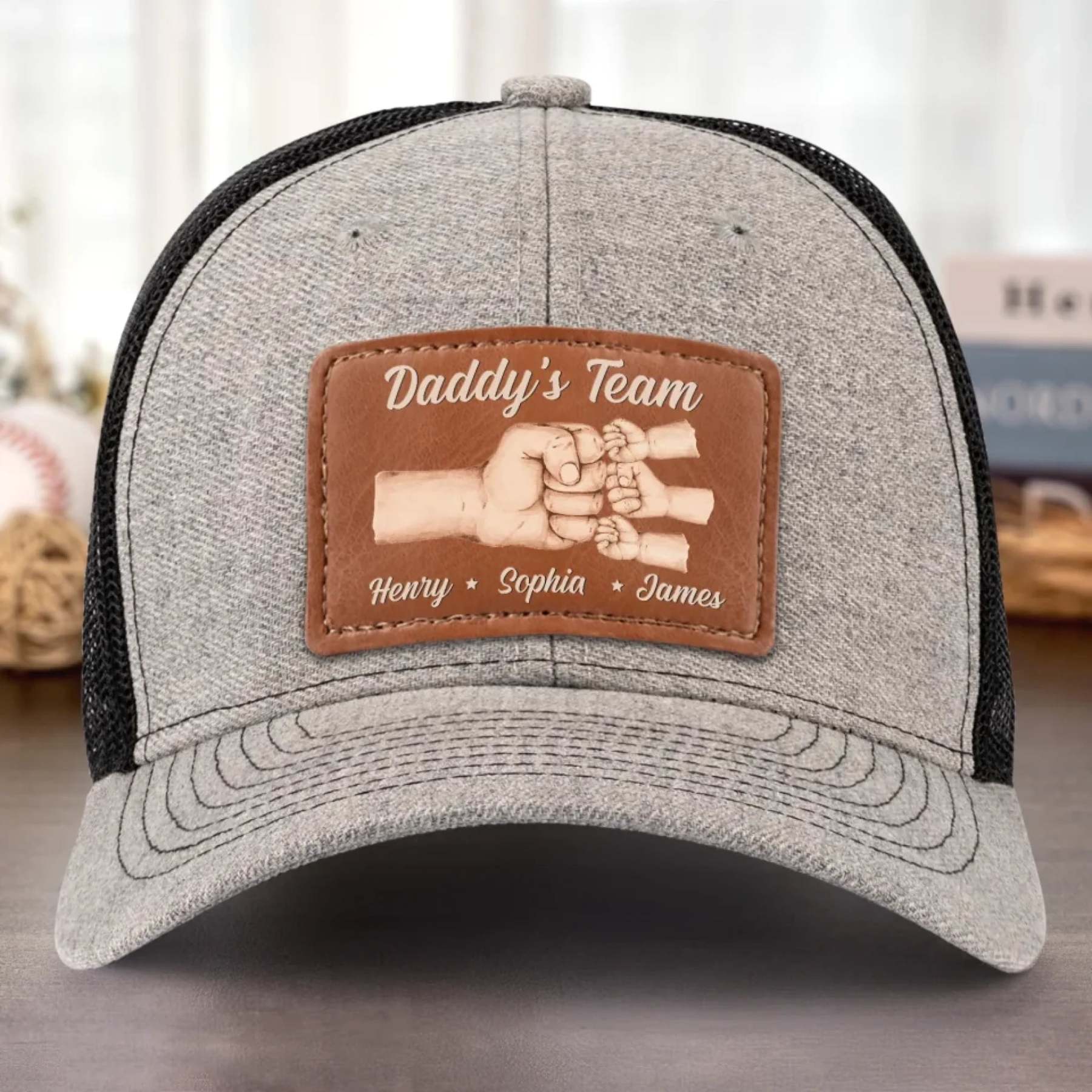 Team Daddy, No Substitutes - Family Personalized Custom Leather Patch Hat - Father's Day, Gift For Dad, Grandpa