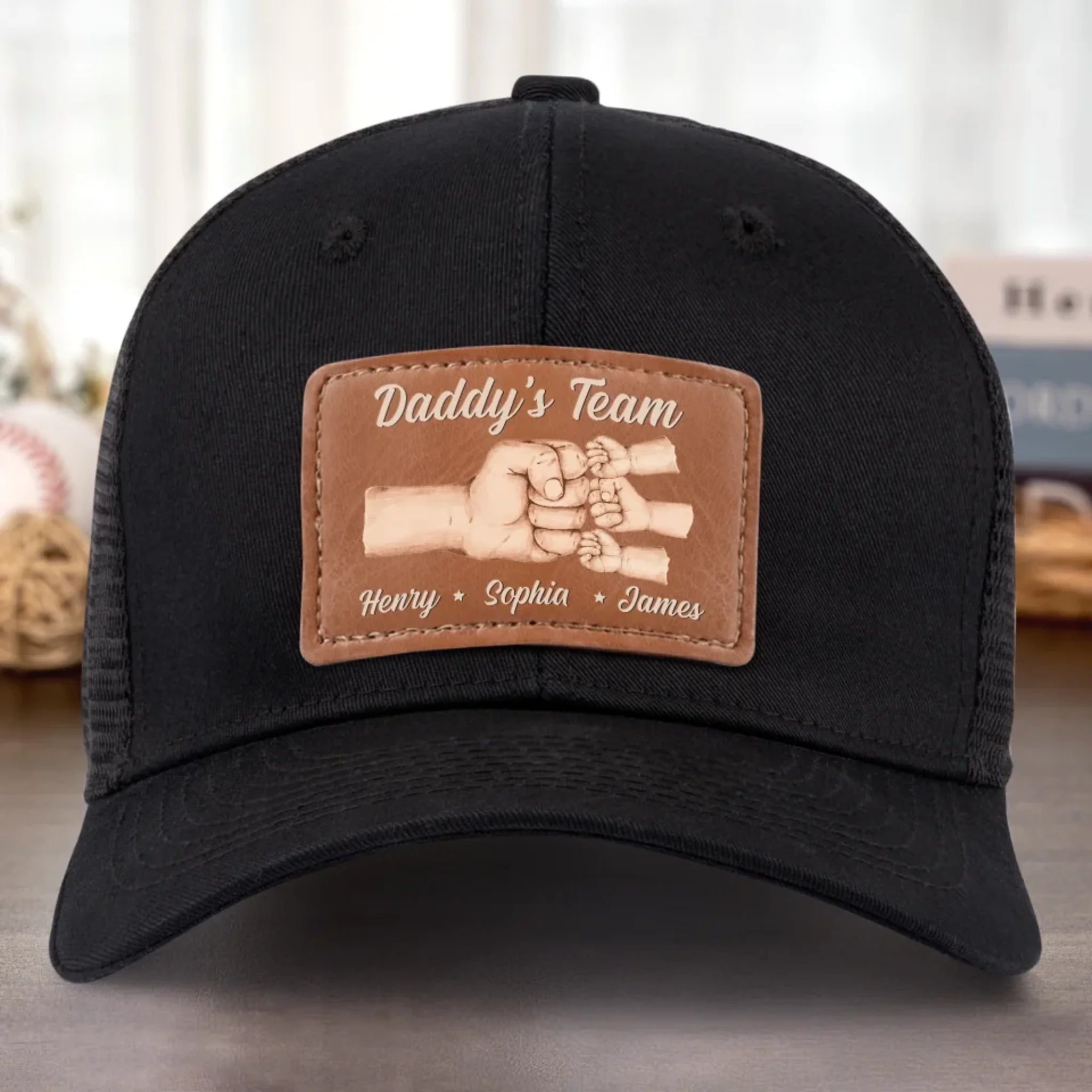Team Daddy, No Substitutes - Family Personalized Custom Leather Patch Hat - Father's Day, Gift For Dad, Grandpa
