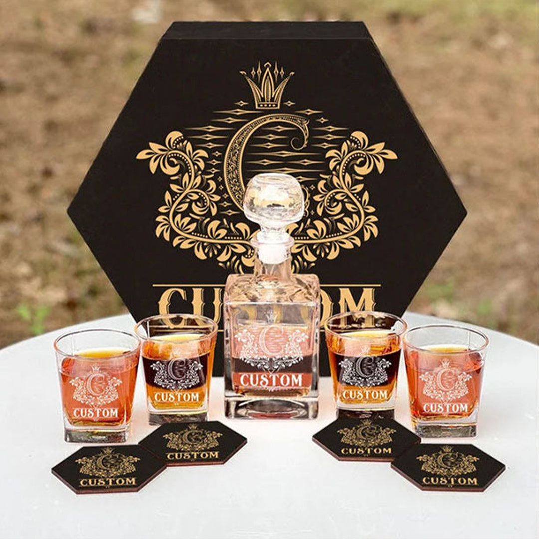 CUSTOM NAME - WHISKEY SET (Wooden box + Decanter + 4 Glasses + 4 Coasters), BOURBON WHISKEY, FATHER'S DAY GIFT, FOR DAD & GRANDPA
