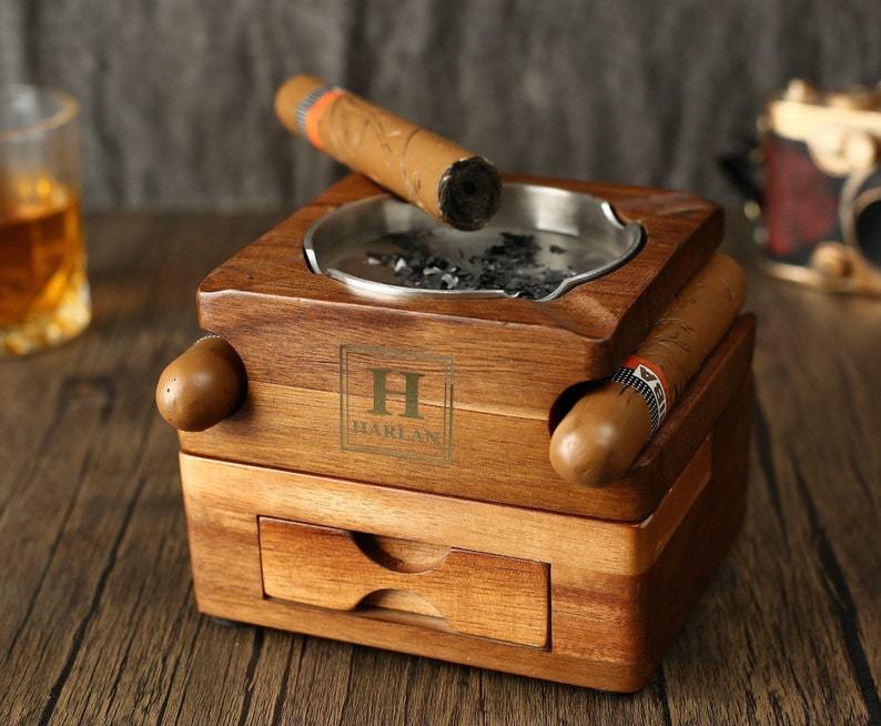 Personalized Whiskey & Cigar Tray Glass Holder Ashtray Whiskey, 2 in 1 Wooden Cigar Ashtray With Whiskey Glass Holder, Great Gifts for Men