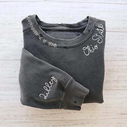 VINTAGE CUSTOM CREW-Custom Embroidered Hand Distressed Crew Neck Sweatshirt 