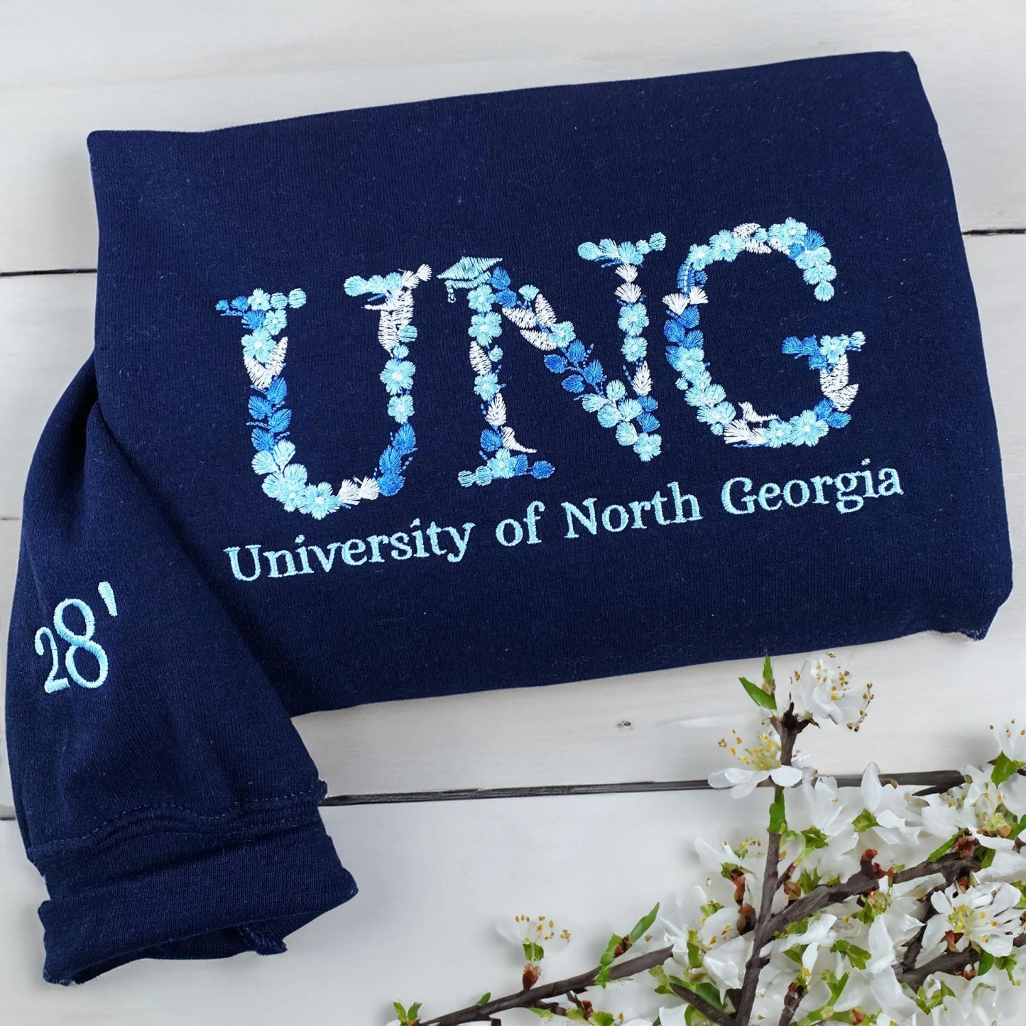 Custom College Floral Embroidered Sweatshirt, Floral Letter T-Shirt, Flower College Shirt, High School Shirt, Graduation Gift, Sorority