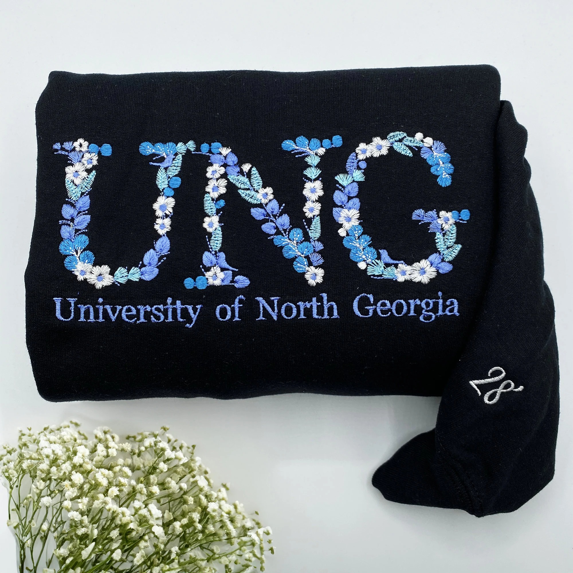 Custom College Floral Embroidered Sweatshirt, Floral Letter T-Shirt, Flower College Shirt, High School Shirt, Graduation Gift, Sorority