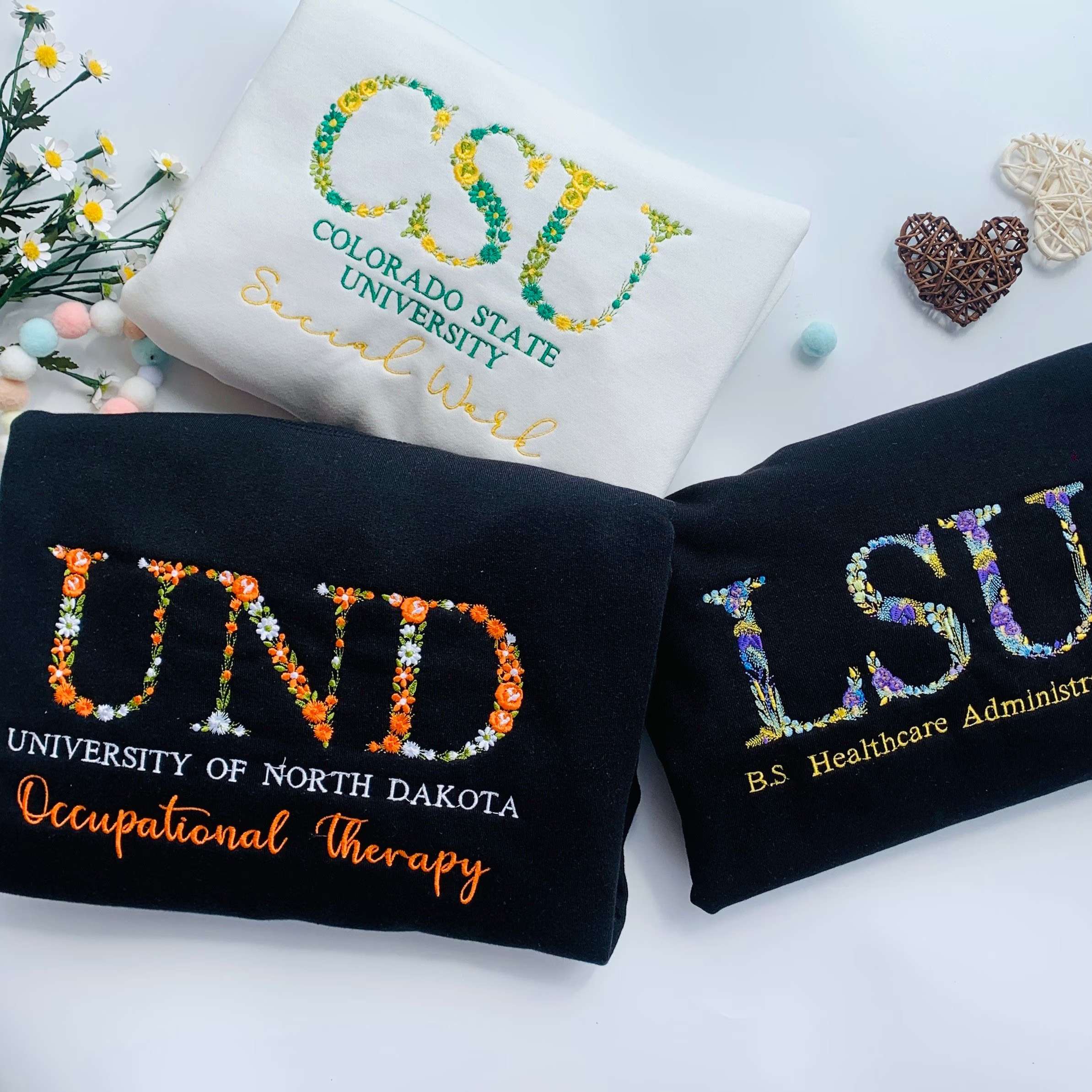 Custom College Floral Embroidered Sweatshirt, Floral Letter T-Shirt, Flower College Shirt, High School Shirt, Graduation Gift, Sorority