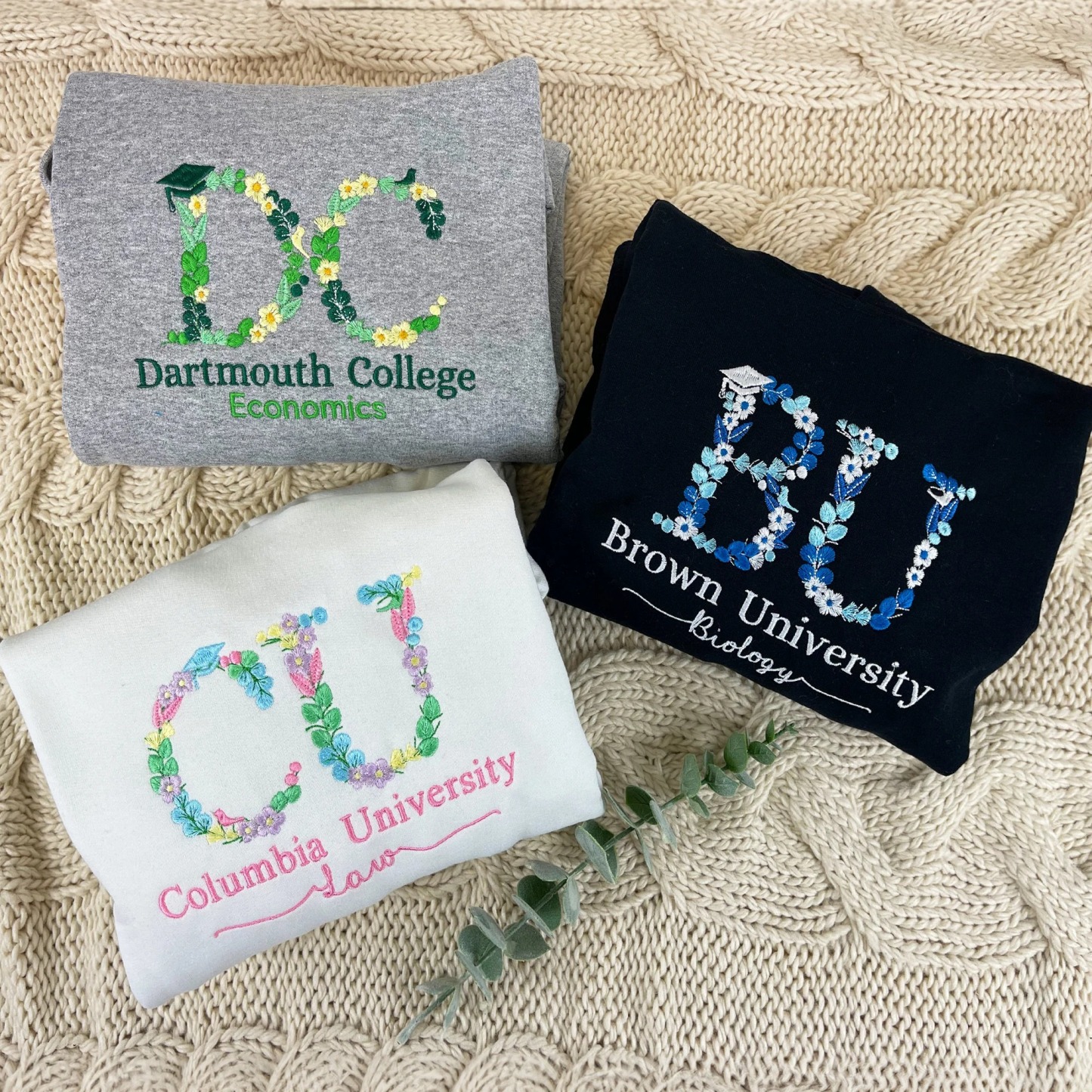 Custom College Floral Embroidered Sweatshirt, Floral Letter T-Shirt, Flower College Shirt, High School Shirt, Graduation Gift, Sorority