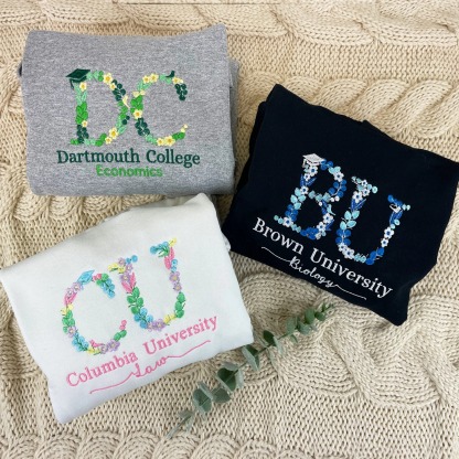 Custom College Floral Embroidered Sweatshirt, Floral Letter T-Shirt, Flower College Shirt, High School Shirt, Graduation Gift, Sorority