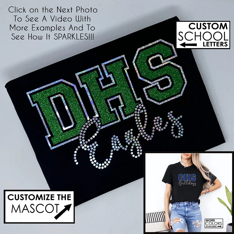 Customizable School Letters and Mascot Shirt With Faux Rhinestones and Glitter