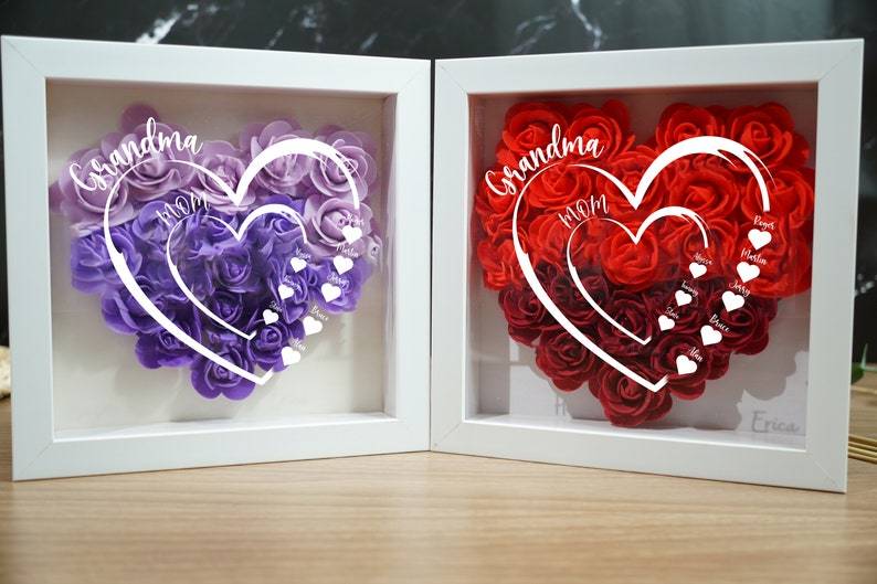 Personalized Flower Shadow Box Custom Name & Text Heart Rose Frame Decorations Mother's Day Gift for Her Gift for Nana Nanny Mimi-Creatgifts