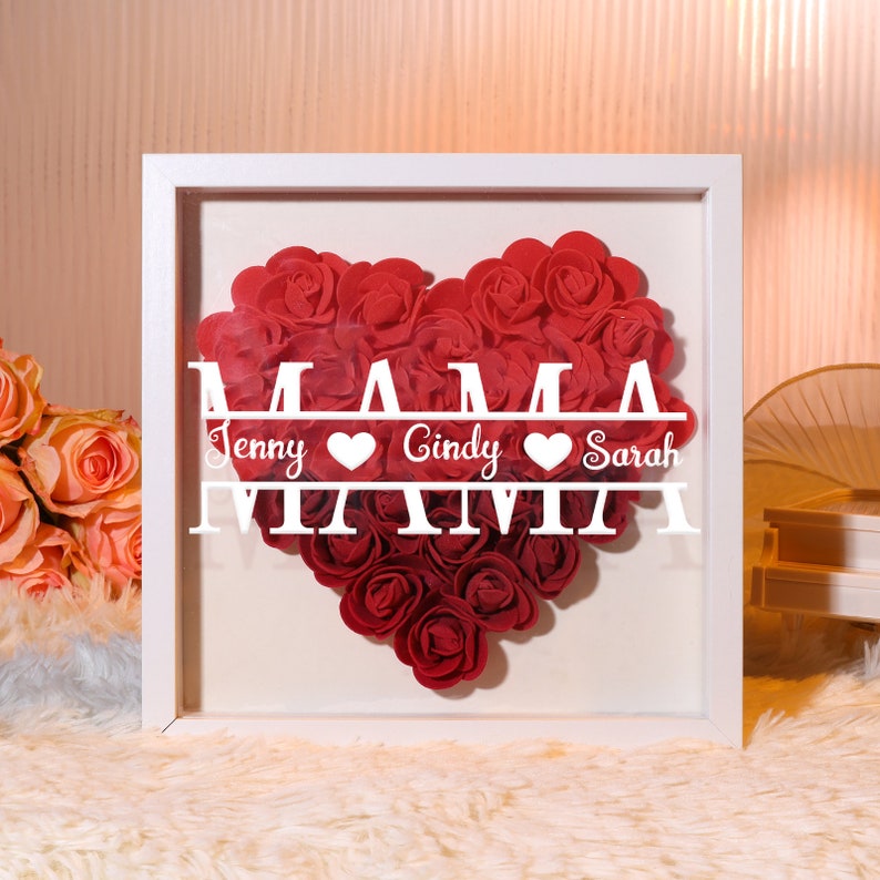 Personalized Flower Shadow Box Custom Name & Text Heart Rose Frame Decorations Mother's Day Gift for Her-Creatgifts