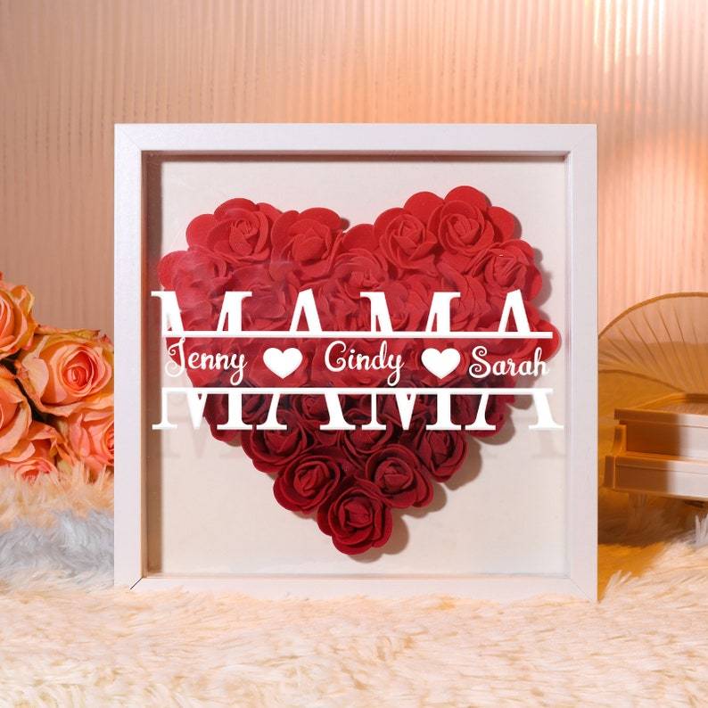 Personalized Flower Shadow Box Custom Name & Text Heart Rose Frame Decorations Mother's Day Gift for Her-Creatgifts