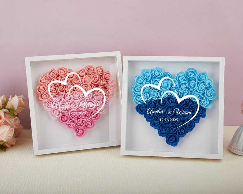 Personalized Flower Heart Shadow Box for Her,Rose Shadow Box with Name, Gradient Heart Shaped Flower Box, Anniversary, Birthday, Valentine's Day-Creatgifts