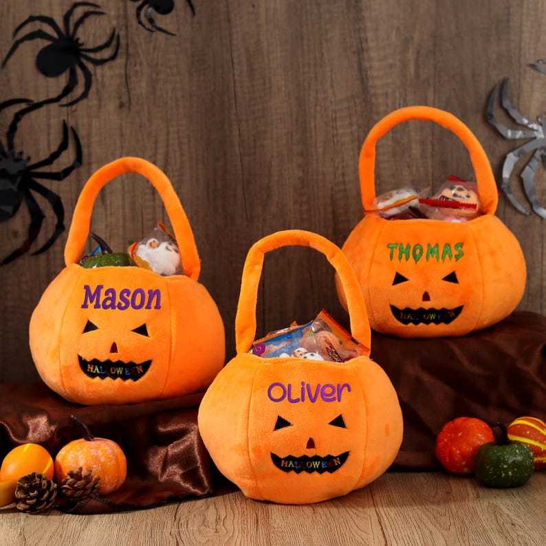 Personalized Halloween Basket - Custom Pumpkin Bucket with Name, Embroidered Trick or Treat Bag