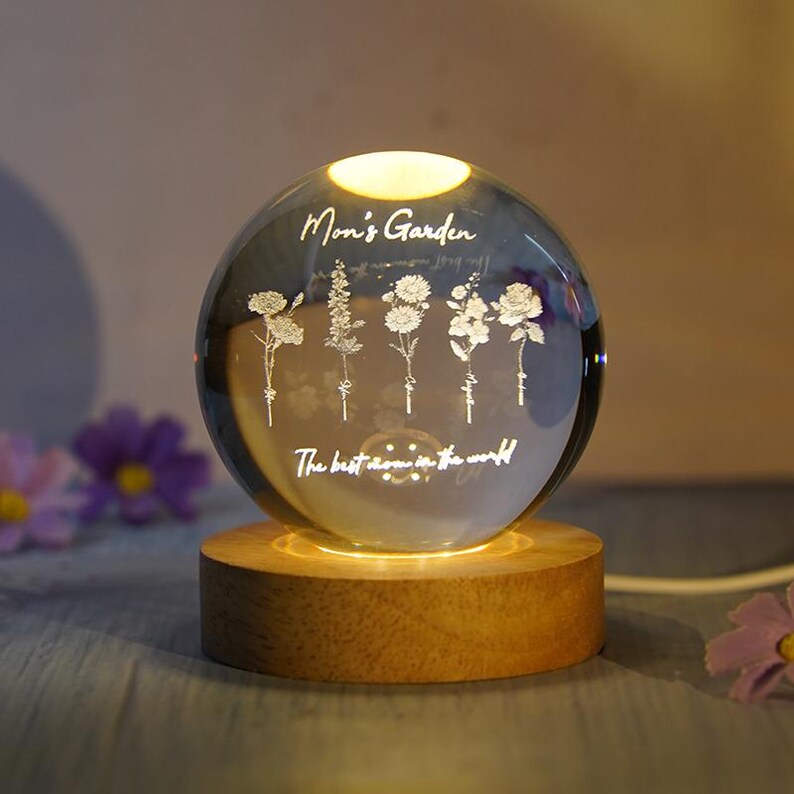 Mom's Garden Flower With Kids Names Crystal Ball Lamp,3d Glass Ball Night Light