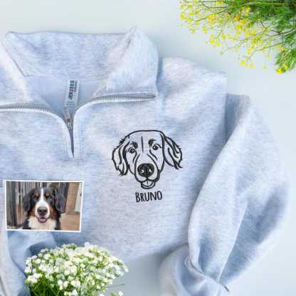 Custom Full Color/Outline EMBROIDERED Pet Quarter Zip Sweatshirt, Dog Potrait Zip Up Sweatshirt