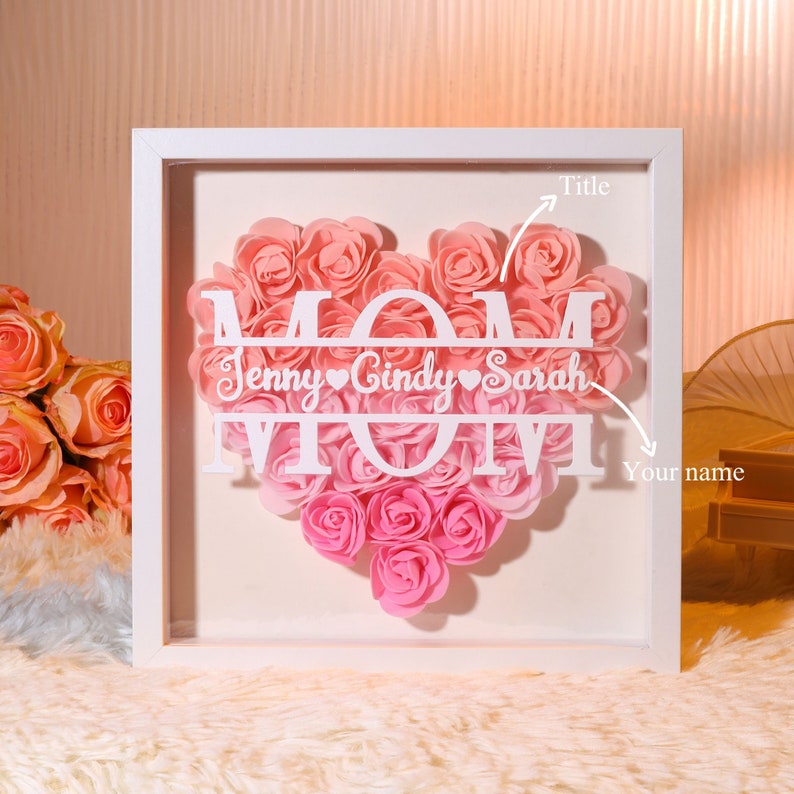 Personalized Flower Heart Shadow Box for Mom,Roses Shadowbox with Names,Custom Frame Gift for Mother's Day,Gift for Mom and Grandma Nana-Creatgifts
